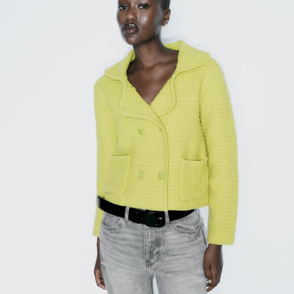 NWT ZARA CHUNKY KNIT PETER PAN COLLAR CARDIGAN LIME GREEN - Picture 2 of 7